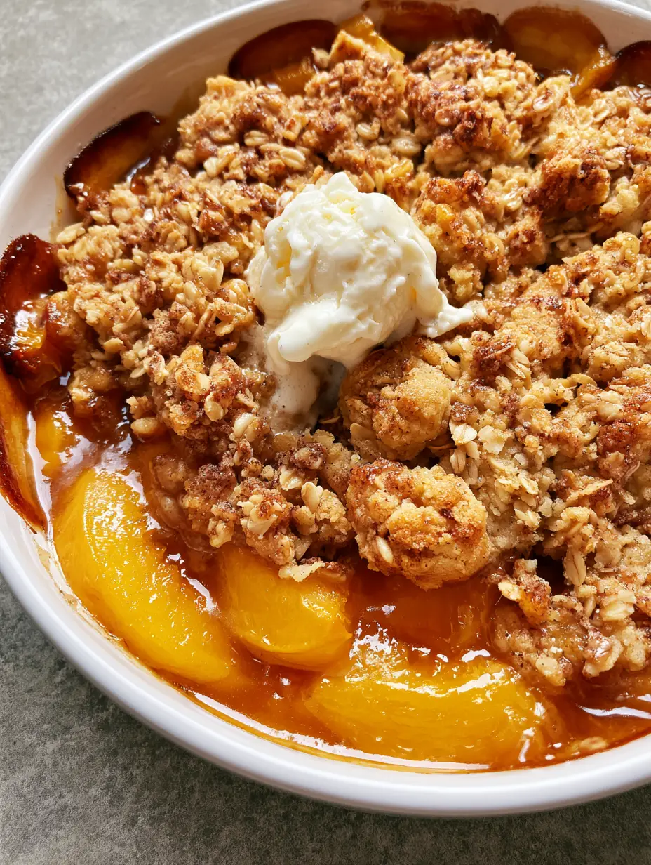 Close-up of golden brown oat crumble and caramelized peach juices. (Peach Crisp Recipe)