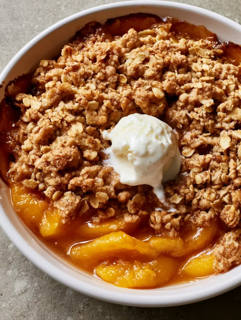 A single scoop of vanilla bean ice cream melting into a warm Peach Crisp Recipe.