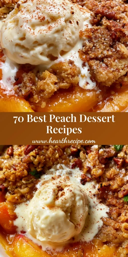A rustic peach crumble in a white dish with melting vanilla bean ice cream and fresh mint. (Peach Dessert Recipes)