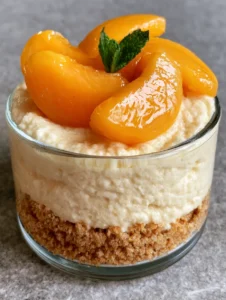 Close-up handheld smartphone photo of a No-Bake Peach Cheesecake jar showing the thick graham cracker crust and smooth filling. (No-Bake Peach Cheesecake)