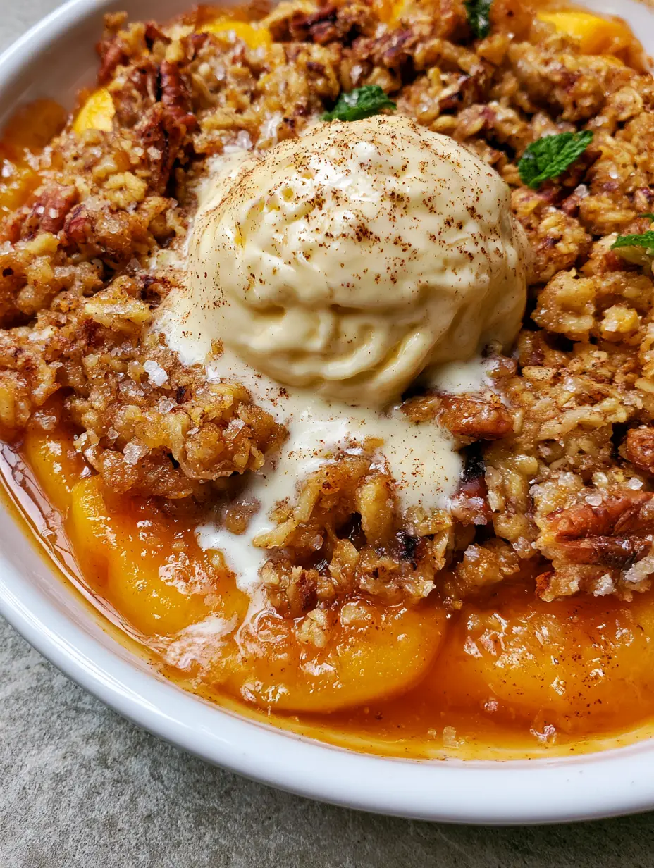 Close-up of bubbling peaches in golden syrup under an oat pecan crust. (Peach Dessert Recipes)