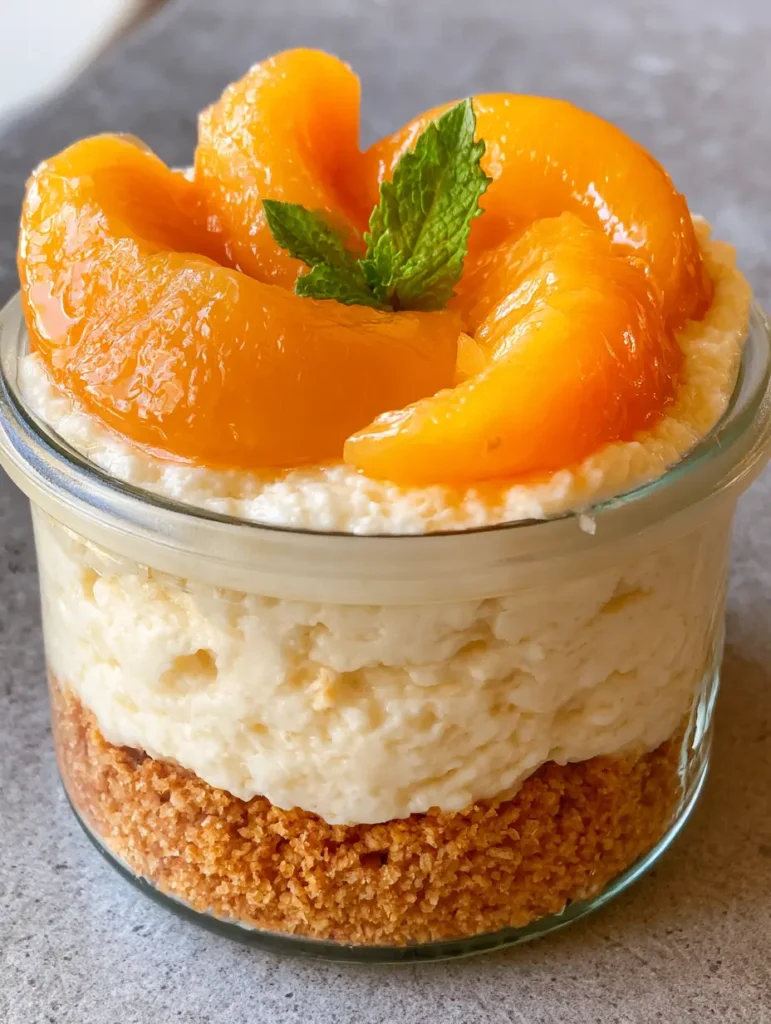Top view of a No-Bake Peach Cheesecake jar crowned with glistening orange peach crescents and a sprig of mint.
