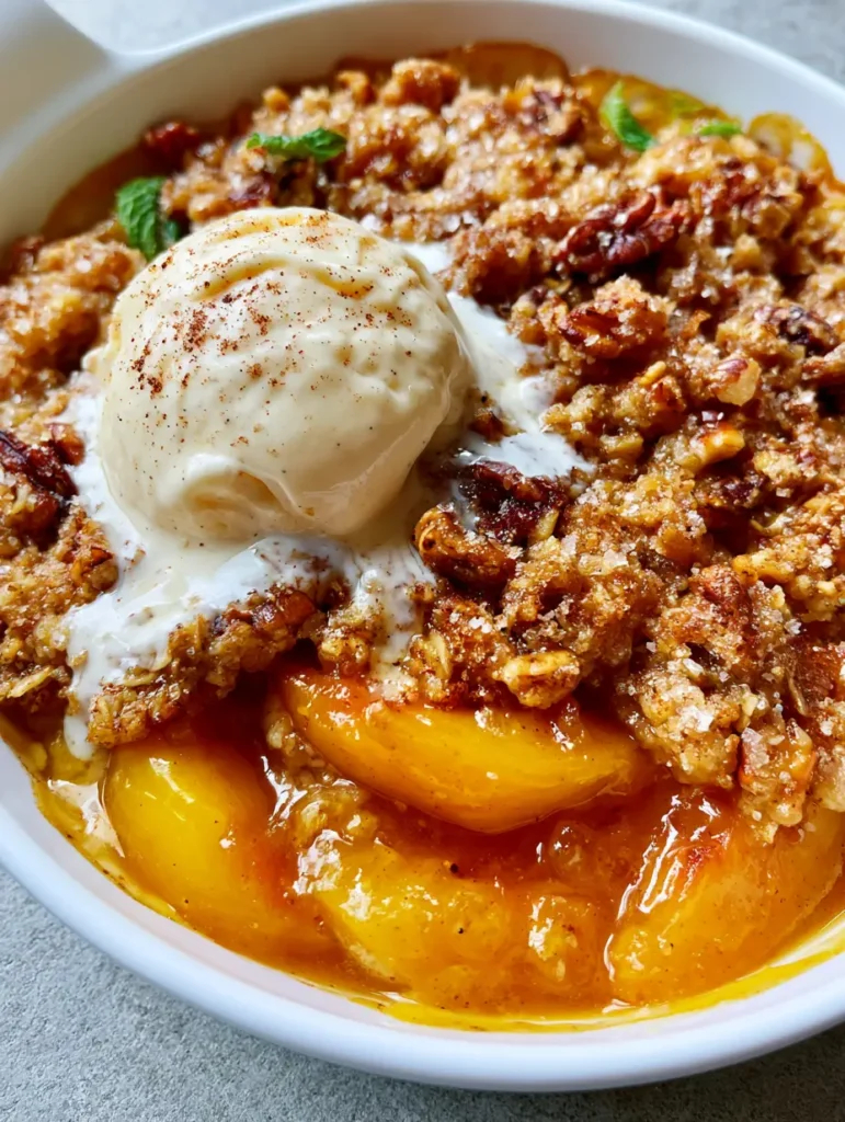 Vanilla bean ice cream melting over a warm peach crumble with mint garnish. (Peach Dessert Recipes)