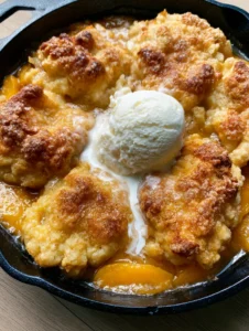 Top-down shot of bubbling orange peaches in amber syrup with toasted biscuit topping. (Fresh Peach Recipes)