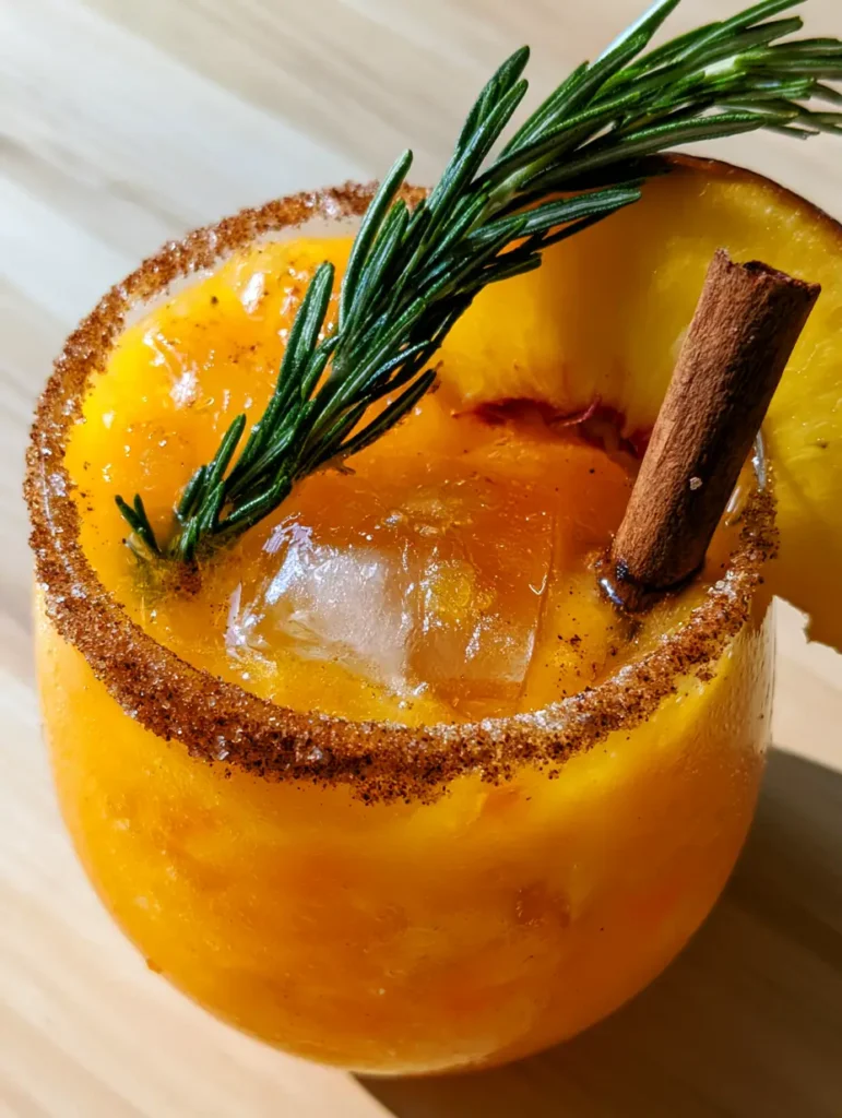 Top view of Fall Peach Cocktails showing the fine cinnamon sugar rim and fresh rosemary sprig.