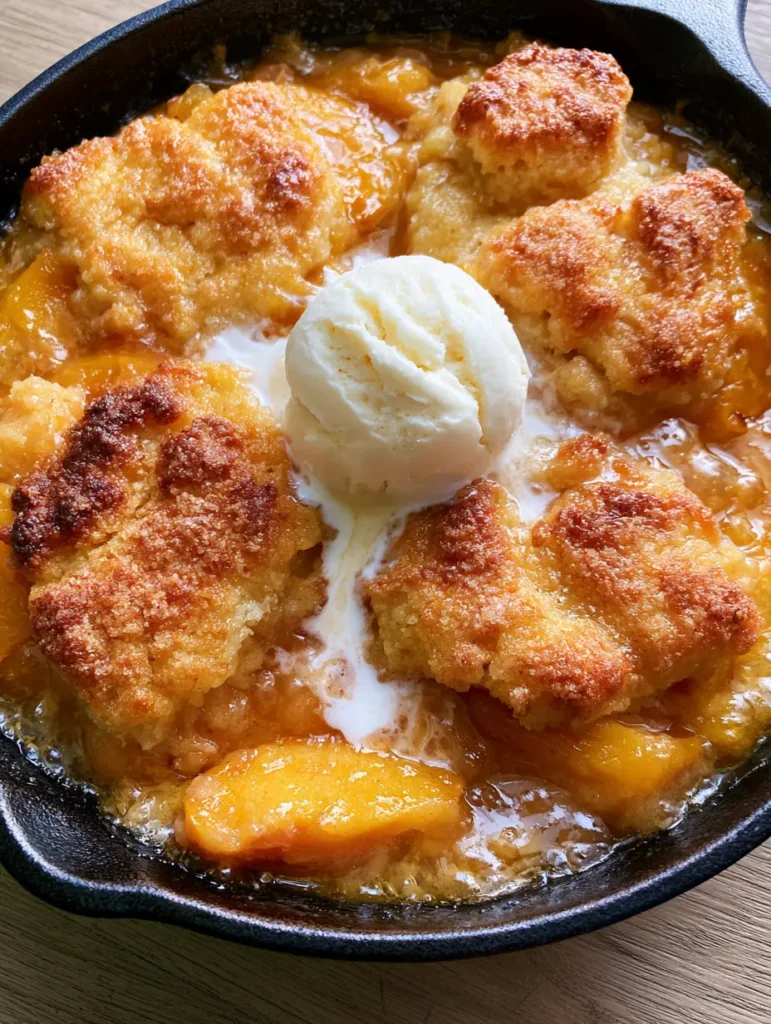 Fresh Peach Recipes: The Ultimate Skillet Peach Cobbler with Buttermilk Biscuits 1 Close up of melting vanilla ice cream on a warm peach cobbler crust.