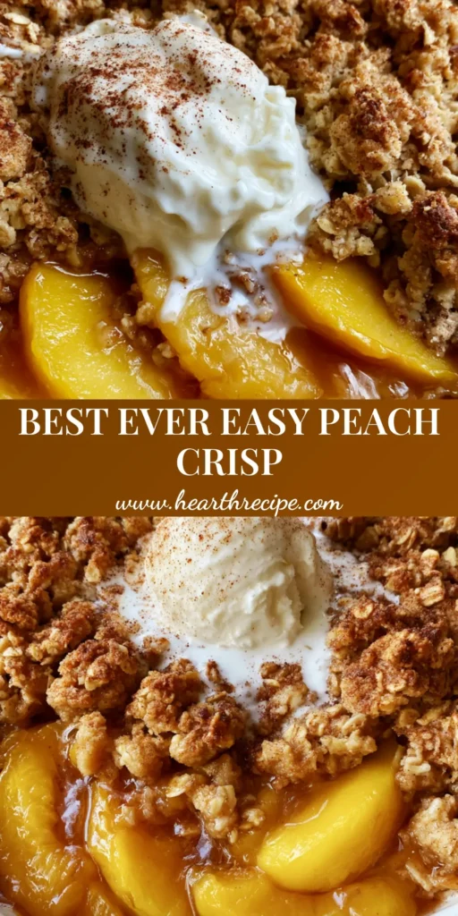 A rustic white ceramic dish filled with Homemade Peach Crisp, featuring bubbling amber syrup and a golden oat topping with melting vanilla ice cream.