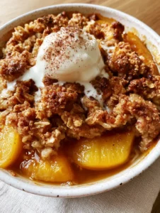 Close-up of Homemade Peach Crisp showing the translucent caramelized amber syrup and golden-brown oat clusters.