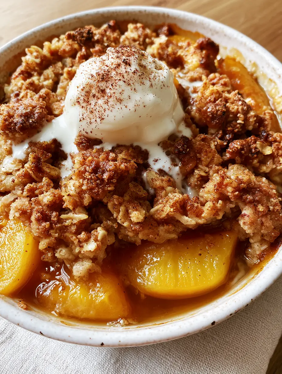 Close-up of Homemade Peach Crisp showing the translucent caramelized amber syrup and golden-brown oat clusters.