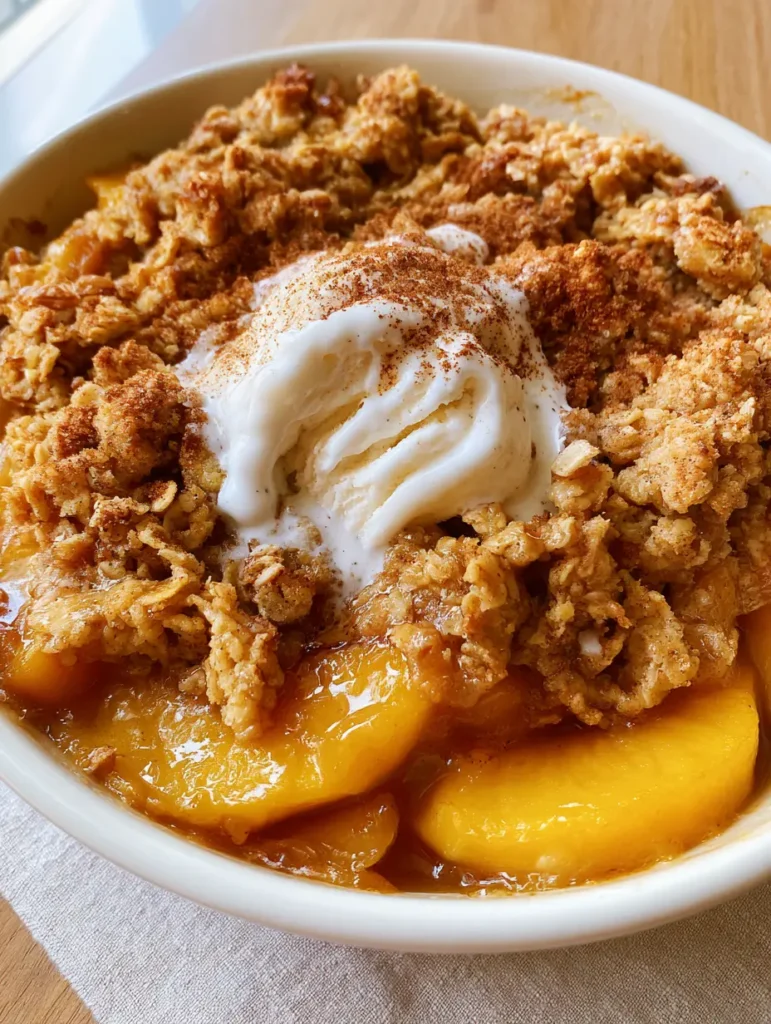 Overhead view of a Homemade Peach Crisp with creamy white ice cream streaks melting over a toasted cinnamon-dusted crust.