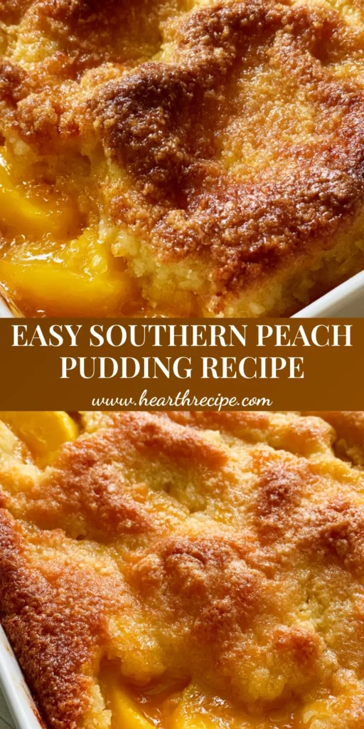 A freshly baked Tennessee Peach Pudding in a white ceramic dish with a golden-brown rustic crust and glistening orange syrup.