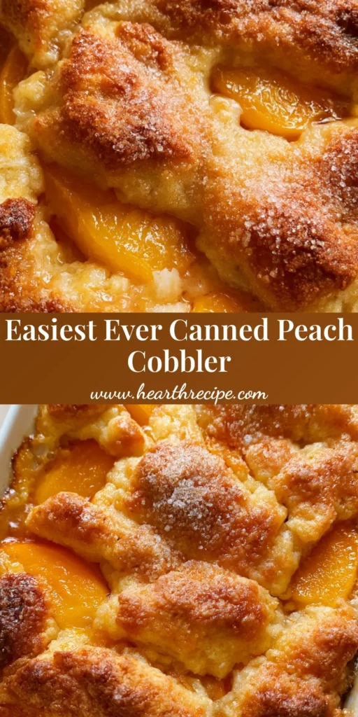 Easy Peach Cobbler with a Golden Brown Cake Batter Crust 4 A close-up vertical shot of Easy Peach Cobbler in a white dish, featuring a golden-brown crust and bubbling amber syrup.