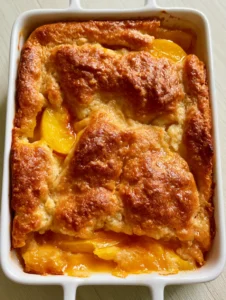 Close-up of golden-brown buttery crust and vibrant yellow peaches in bubbling syrup (Tennessee Peach Pudding).
