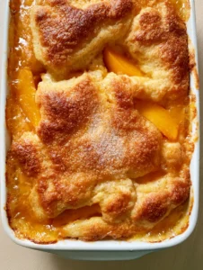 Top-down photo of Easy Peach Cobbler in a rectangular white ceramic dish showing pillowy crust edges and vibrant orange peaches.