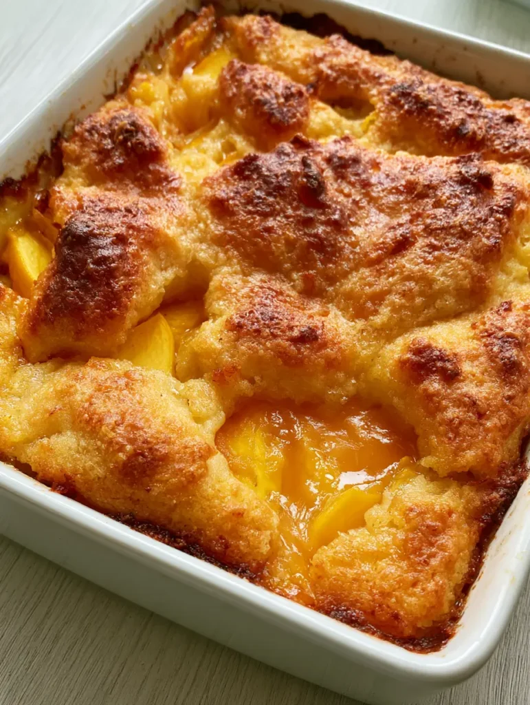Slices of tender yellow peaches submerged in glistening orange peach syrup inside a white baking dish.