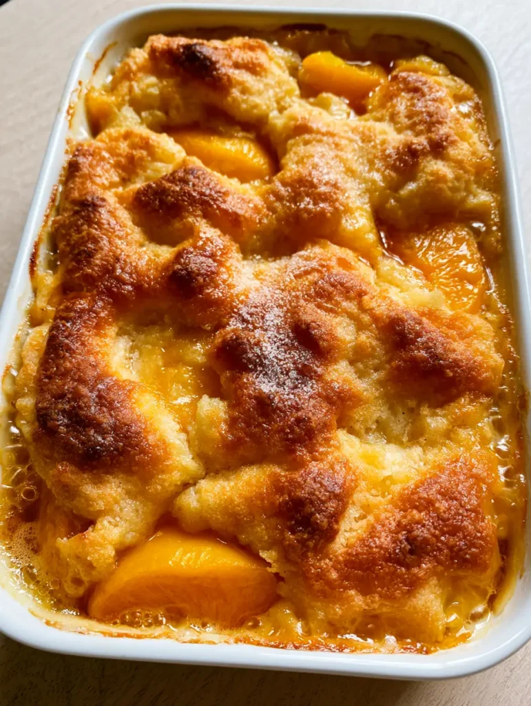 Easy Peach Cobbler with a Golden Brown Cake Batter Crust 1 Slightly angled view of a golden brown Easy Peach Cobbler with caramelized sugar patches on a light wooden table.
