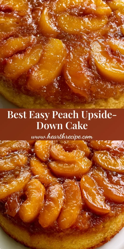 A round Peach Upside-Down Cake on a white ceramic plate, featuring a circular pattern of caramelized peach slices and a golden sponge. (Peach Upside-Down Cake)