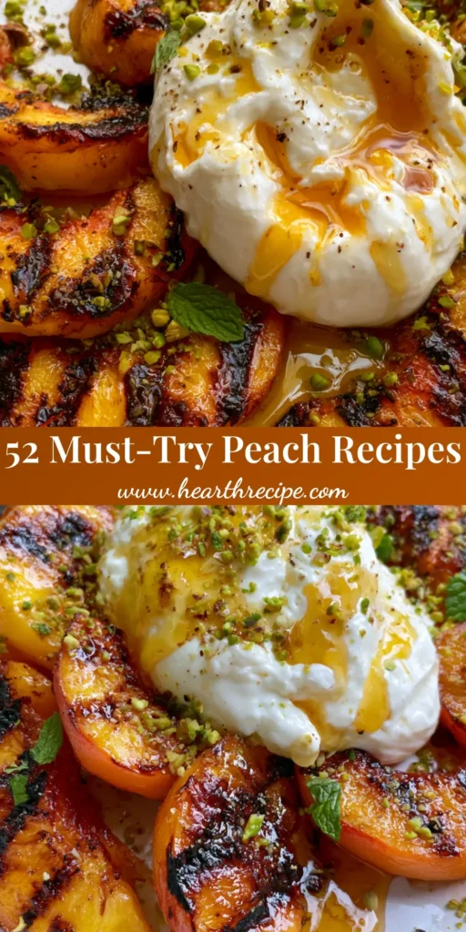 A Pinterest-optimized graphic showing grilled peach slices with dark char marks, creamy burrata cheese, and a glossy honey drizzle. (Peach Recipes)