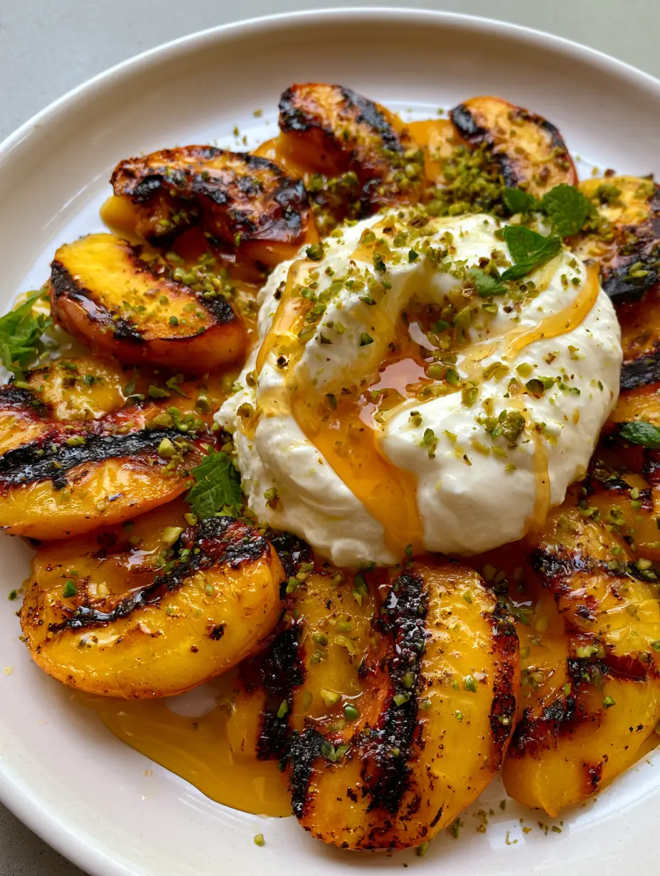 A handheld smartphone photo of sliced grilled peaches with dark char marks and creamy burrata on a white ceramic plate. (Peach Recipes)