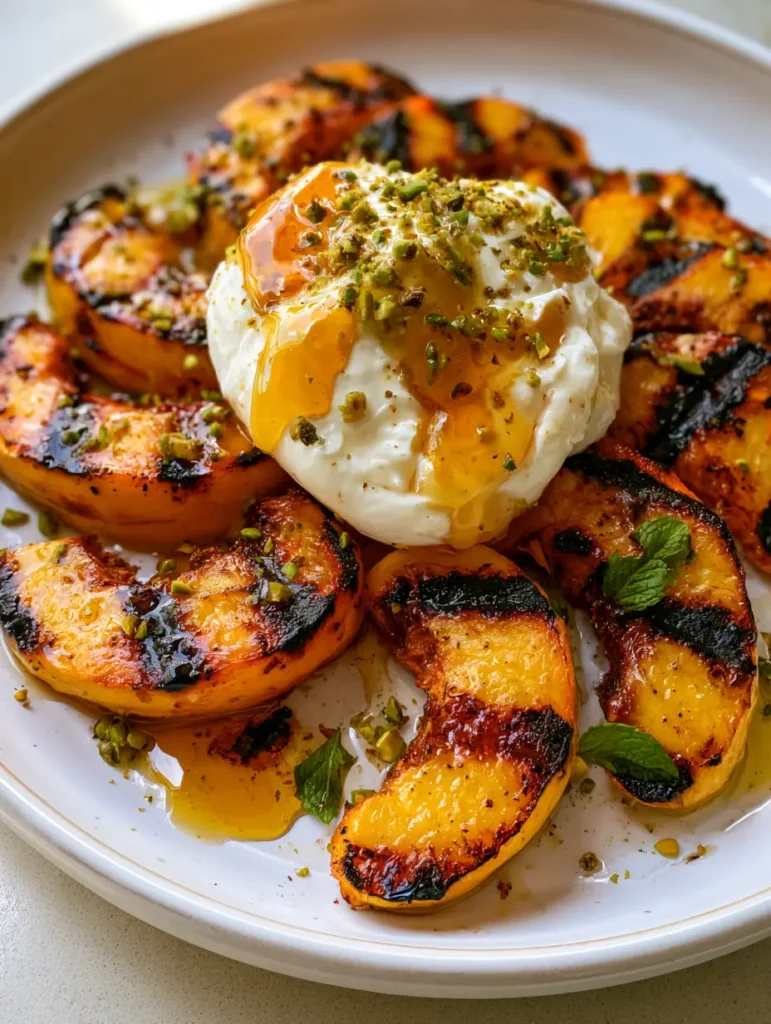 A close-up view of glossy honey drizzled over grilled peaches, garnished with green pistachios and fresh mint.