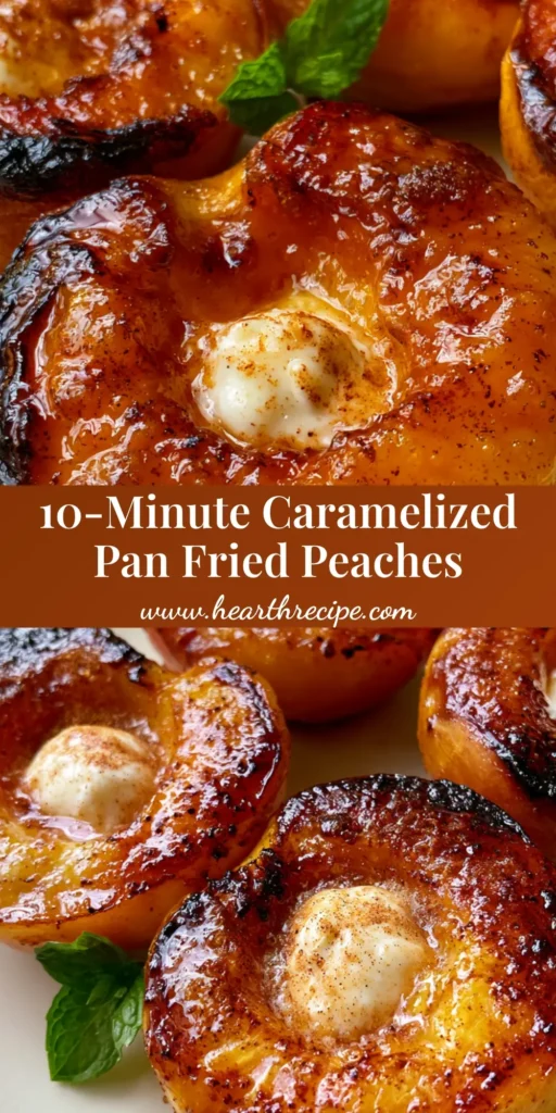 Close-up of golden-brown Pan Fried Peaches with honey cinnamon glaze and vanilla mascarpone on a white plate.