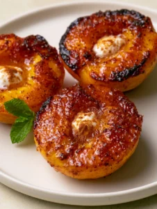 Eye-level view of three seared peach halves in a pan with bubbling amber glaze. (Pan Fried Peaches)