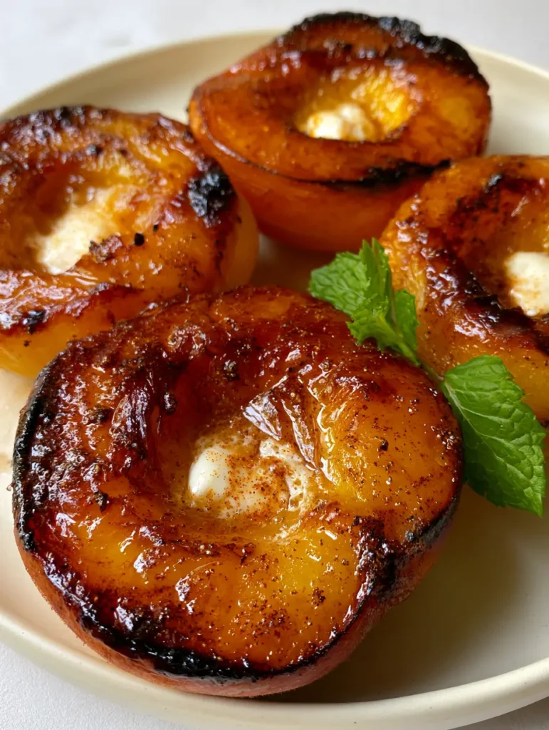 Detailed shot of dark brown char marks on the edges of caramelized peaches topped with mint.