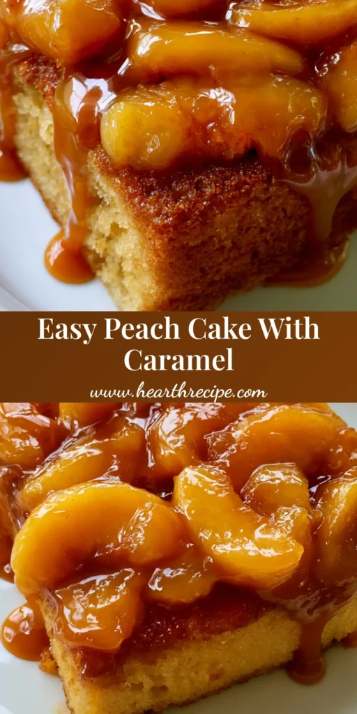 A overhead view of a square Peach Cake with Caramel Sauce showing thick amber glaze and sliced fruit.