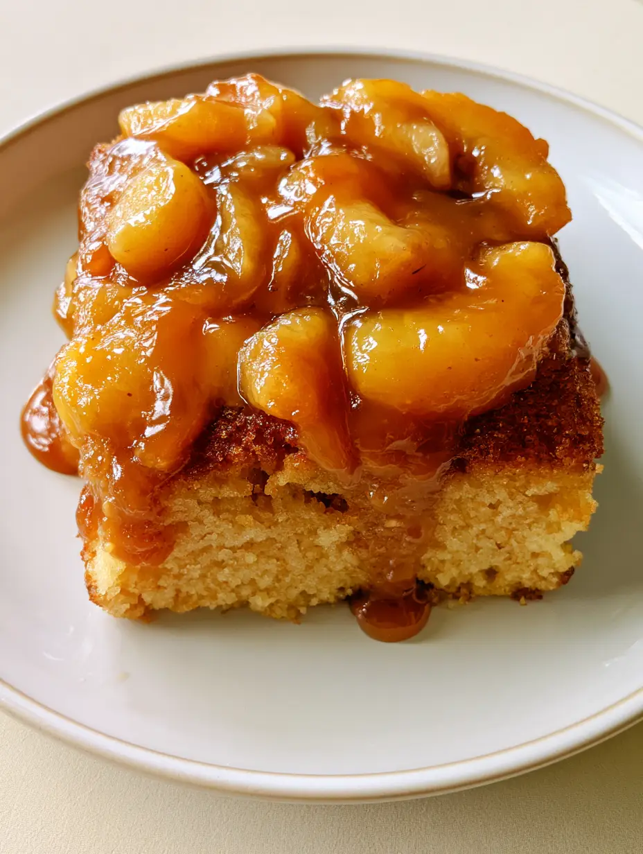 A square portion of golden-brown sponge cake with densely layered glazed peaches and cascading caramel sauce on a white plate.