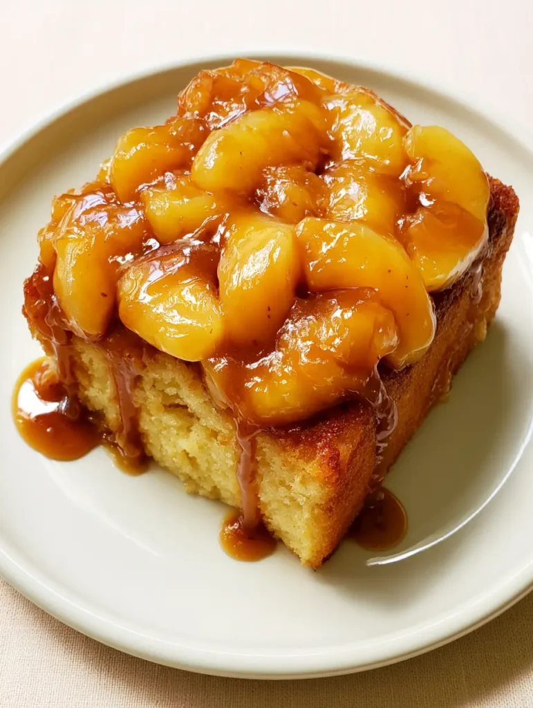 Close up of translucent peach slices on top of a Peach Cake with Caramel Sauce.