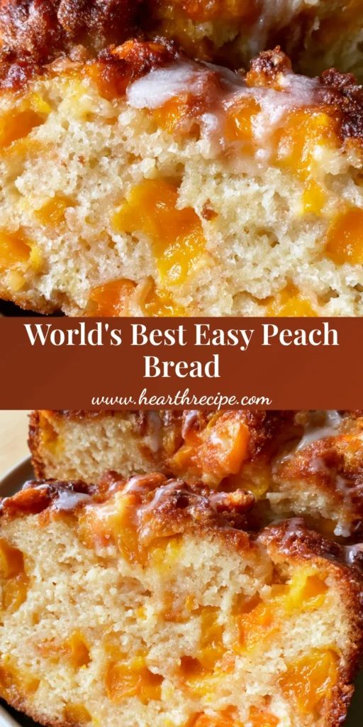 A thick slice of homemade peach bread with vibrant orange peach chunks and a translucent glaze. (Peach Bread Recipe)