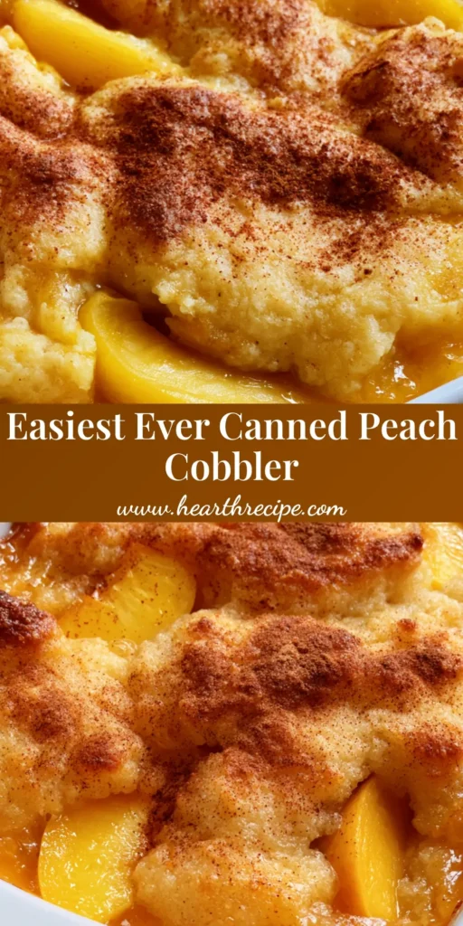 A close-up shot of Peach Cobbler with Canned Peaches in a white dish, showing bubbling syrup and a golden cinnamon-dusted crust.