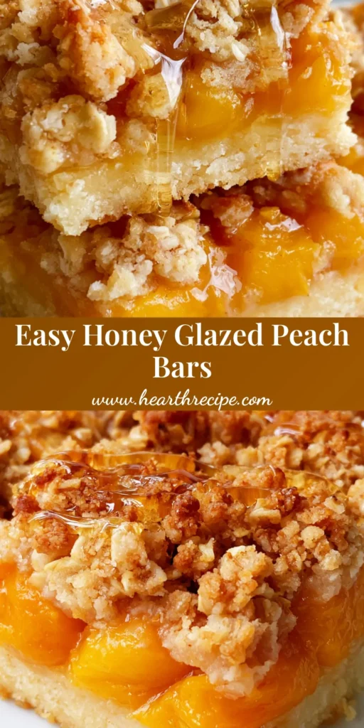 Peach Crumble Bars with Toasted Oat Topping and Glossy Honey Glaze 4 A stack of thick rectangular Peach Crumble Bars showing the golden shortbread crust, vibrant orange peach filling, and oat crumble topped with honey glaze.
