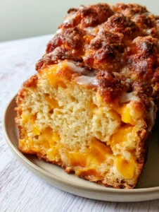 A handheld smartphone photo of a thick slice of peach bread showing the moist pale yellow crumb and orange peaches. (Peach Bread Recipe)