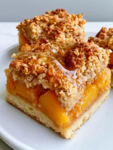 Close up photo of thick rectangular peach crumble bars with toasted oat clusters and clear honey glaze on a white plate. (Peach Crumble Bars)
