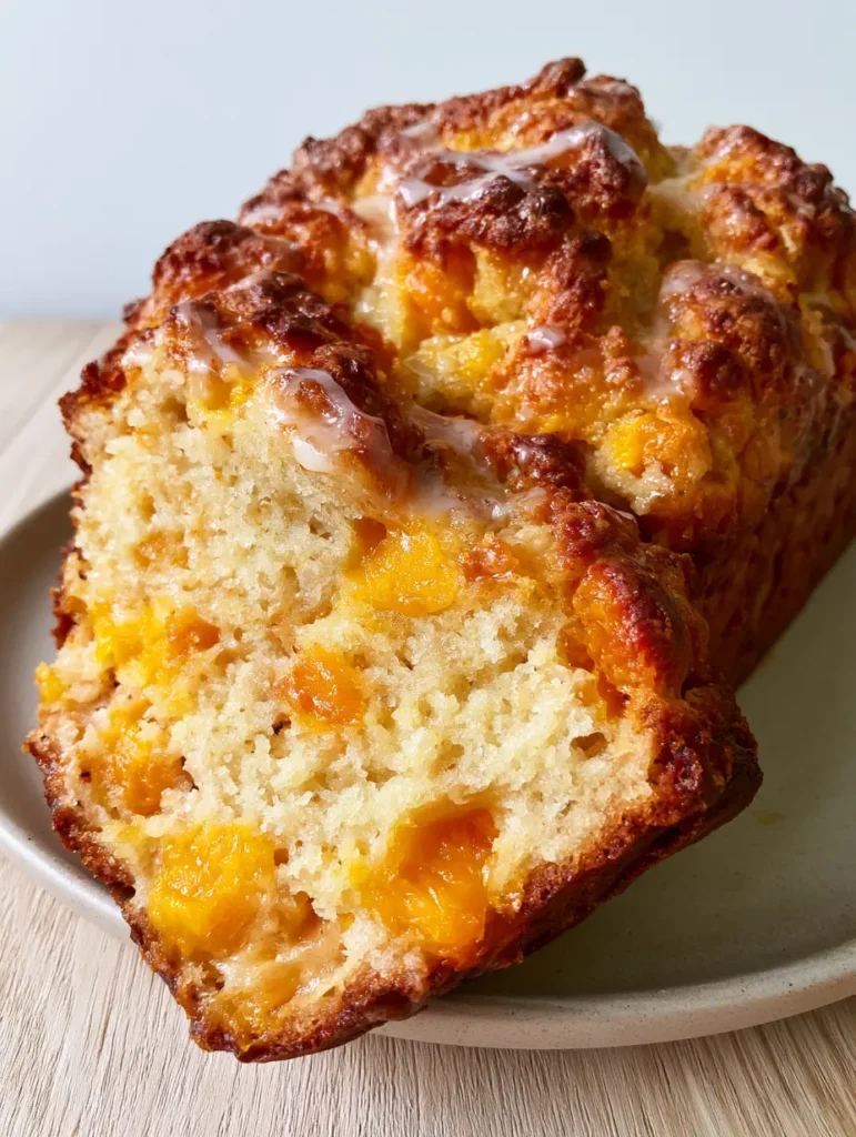 Overhead view of a golden-brown peach bread loaf with a translucent sugar glaze pooling in the top crevices.