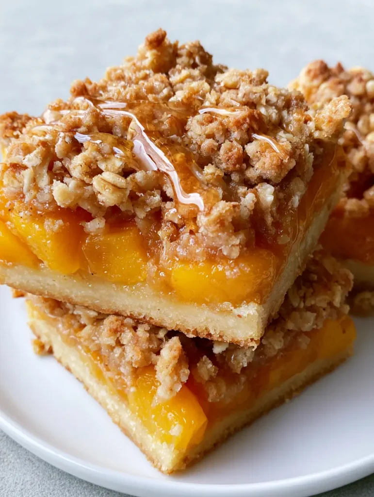 Peach Crumble Bars with Toasted Oat Topping and Glossy Honey Glaze 1 Overhead view of sliced peach crumble bars featuring chunky softened peaches and a golden-brown oat topping.