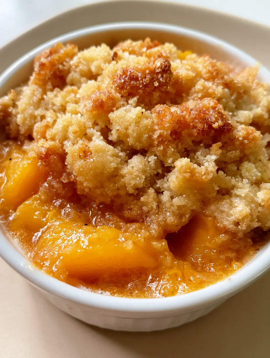 Peach Crumble Recipe with Golden Buttery Sugar Clusters 4 Top-down view of a single portion peach crumble in a ceramic ramekin showing coarse flour and sugar clumps. (Peach Crumble Recipe)