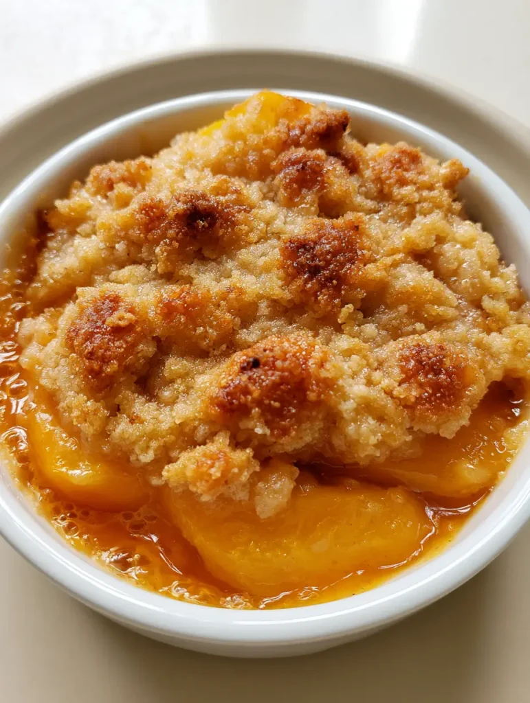 Peach Crumble Recipe with Golden Buttery Sugar Clusters 1 Side view of peach crumble showing bubbling orange fruit syrup beneath golden brown baked sugar clusters. (Peach Crumble Recipe)