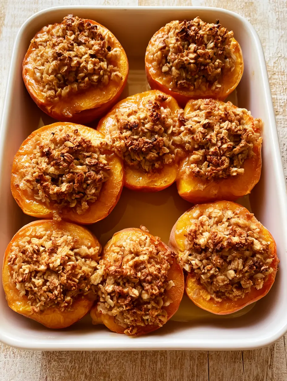 Close up photo of Baked Peaches with Oat Crumble in a ceramic dish, showing textured oats and deep orange peach flesh.