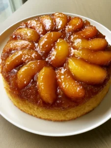 Overhead view of a Peach Upside-Down Cake with translucent caramelized peaches and a moist yellow crumb. (Peach Upside-Down Cake)