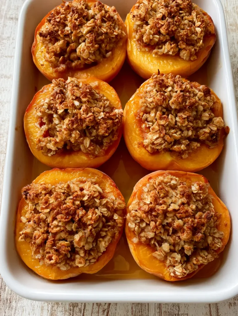 High angle shot of eight Baked Peaches with Oat Crumble in two rows, highlighting the caramelized brown sugar and peach nectar.