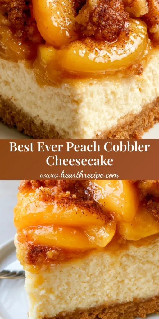 Peach Cobbler Cheesecake: The Ultimate Southern Fusion Dessert 4 A thick slice of Peach Cobbler Cheesecake showing the golden graham cracker crust, ivory cheesecake center, syrupy peaches, and crumble topping on a white plate.