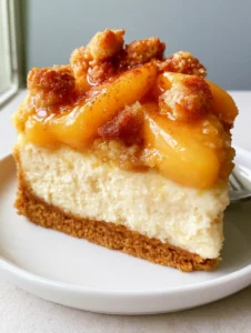Close-up side view of Peach Cobbler Cheesecake with glistening translucent orange peaches and a thick ivory filling.