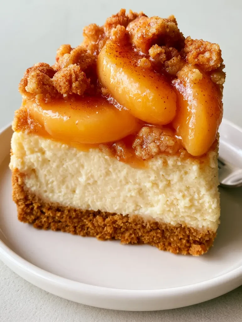 Peach Cobbler Cheesecake: The Ultimate Southern Fusion Dessert 1 A handheld smartphone photo of a Peach Cobbler Cheesecake slice on a white ceramic plate with a silver fork.