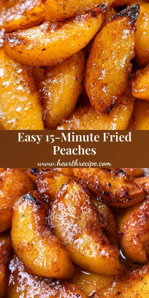 A pile of Skillet Fried Peaches in a cast iron pan with a glossy cinnamon sugar glaze and charred edges.