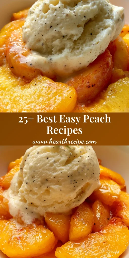 Peach Recipes: The Ultimate Glistening Fresh Peach and Vanilla Bean Bowl 3 A close-up shot of thick-cut orange peach slices in a white bowl topped with a melting scoop of vanilla bean ice cream and mint leaves. (Peach Recipes)
