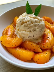 Smartphone photo of a shallow white bowl containing golden fresh peach slices and a scoop of vanilla ice cream with mint. (Peach Recipes)