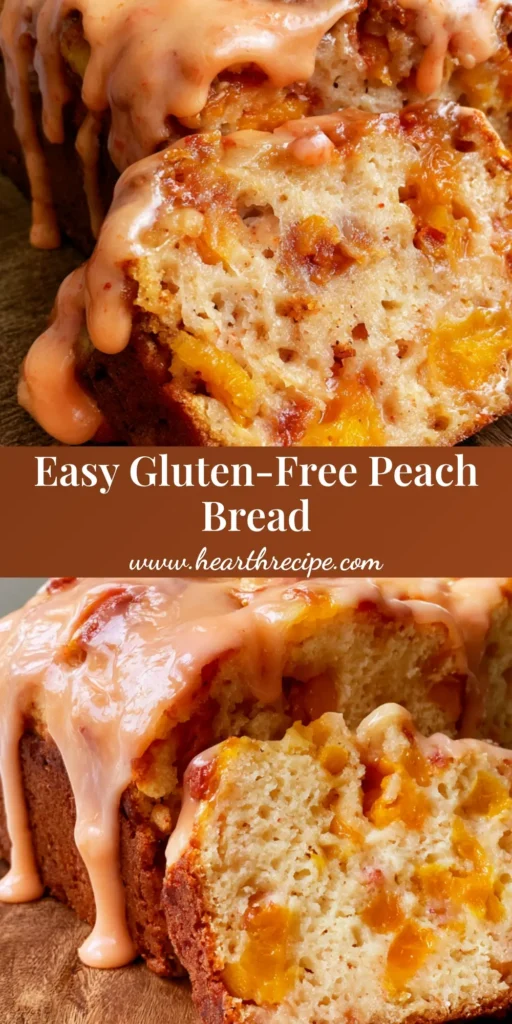 A tall loaf of Gluten-Free Peach Bread on a rustic wooden board, topped with a thick, glossy pale pink-orange glaze cascading down the sides. (Gluten-Free Peach Bread)