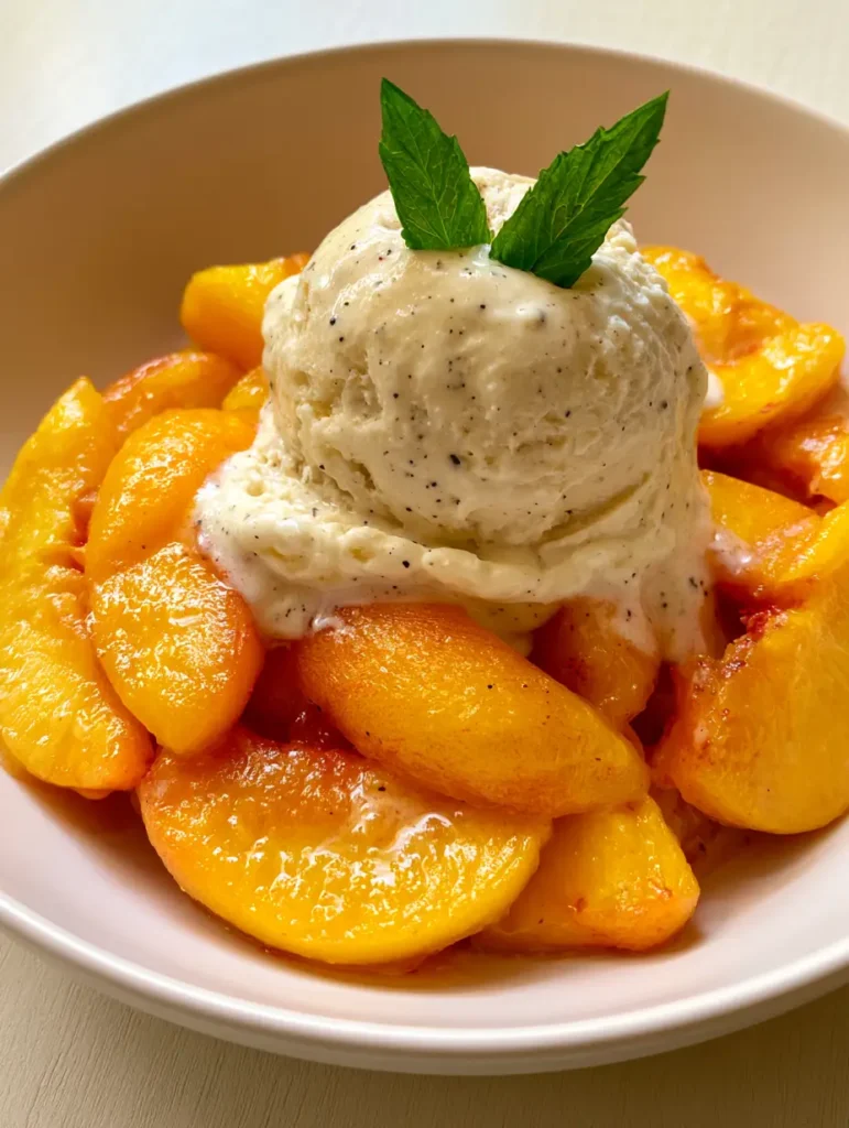 Peach Recipes: The Ultimate Glistening Fresh Peach and Vanilla Bean Bowl 1 Vibrant orange peach wedges glistening with moisture under a melting scoop of vanilla bean ice cream in a ceramic bowl.